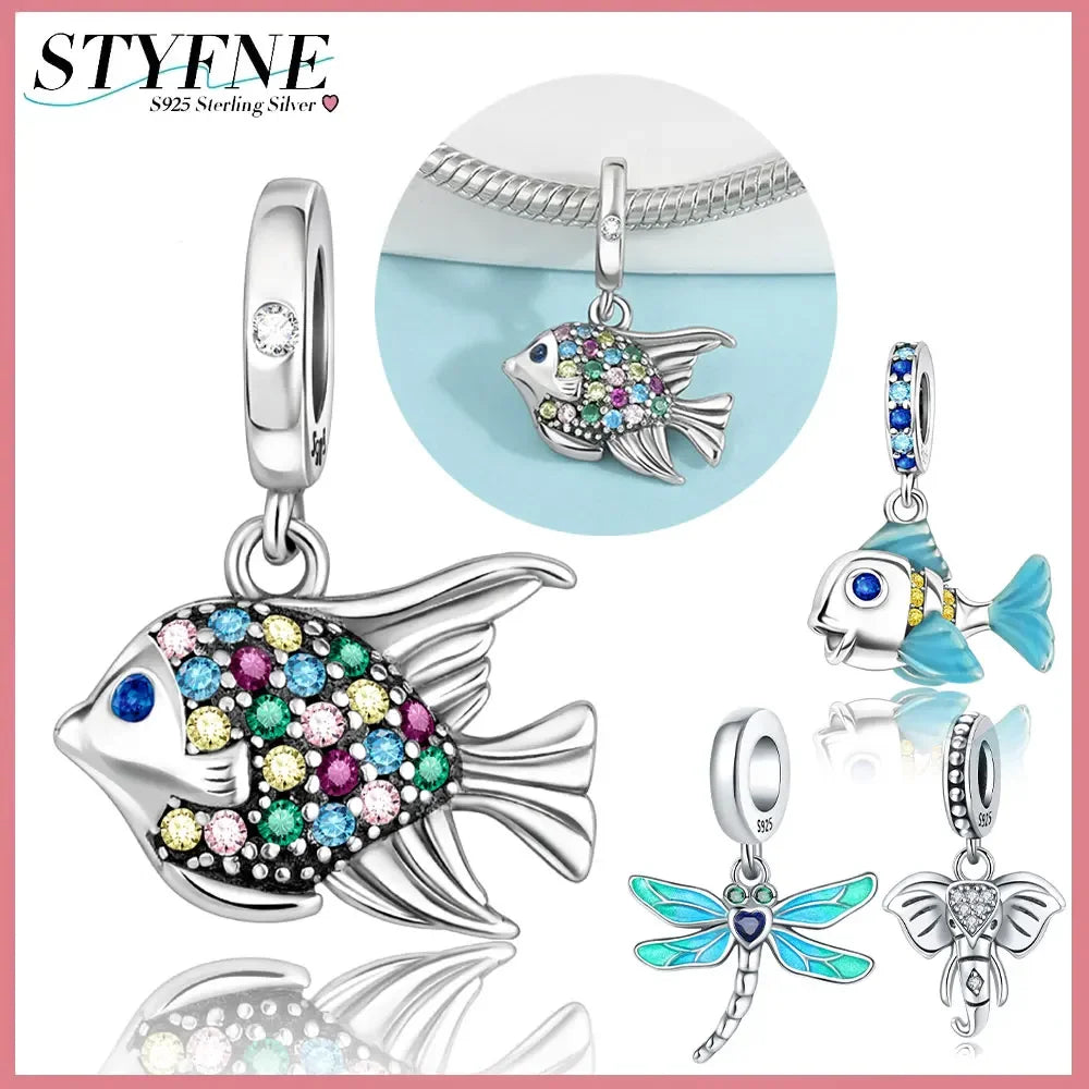 Charm-Anhänger aus 925er-Sterlingsilber, Elefant, Libelle, Tiefseefisch, für Frauen, DIY-Perlen, Original-Armband, edle Schmuckherstellung, Geschenk