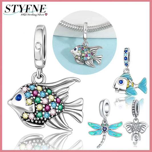 Charm-Anhänger aus 925er-Sterlingsilber, Elefant, Libelle, Tiefseefisch, für Frauen, DIY-Perlen, Original-Armband, edle Schmuckherstellung, Geschenk