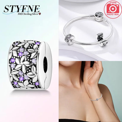 925er Silber eingelegte Zirkoniumblumen, vierblättriges Kleeblatt, Federn, Liebesbox-Clip, Charms, Abstandsperlen, passend für Armbänder, DIY-Schmuckmarkierung