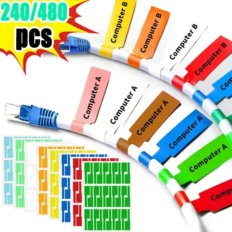 240/480 Stück selbstklebende Kabeletiketten, bunte wasserdichte Drahtmarkierungsbinder, Laserdrucker-Aufkleber, Faserdraht-Etiketten, Organizer