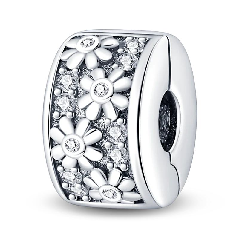 Silberverschluss, 925er-Sterlingsilber, CZ-Pflaster-Clip-Charms, Gänseblümchen-Perlen, Stopper, Sicherheitskette, passend für Original-Armreif, Schmuck-Clip