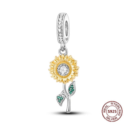 Gelber Sonnenblumen-Charm aus 925er Silber, Original-Zirkon, Kolibri, Einhorn-Charms, passend für Armbänder, DIY-Schmuck für Frauen, Hochzeitsgeschenk