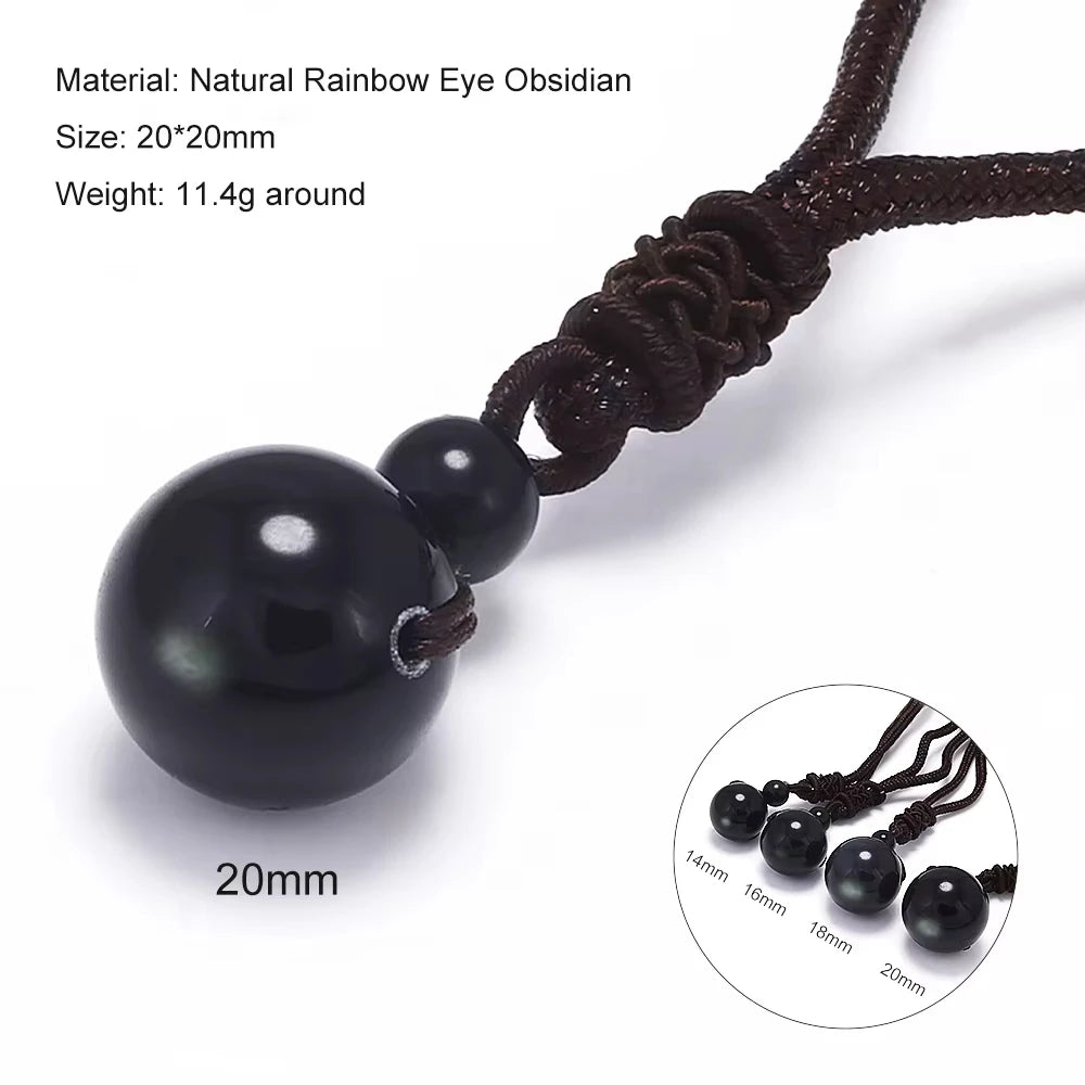 Halsketten und Anhänger aus Naturstein für Damen und Herren, schwarzer Obsidian, Regenbogenaugenperlen, Kugeltransfer, Lucky Love