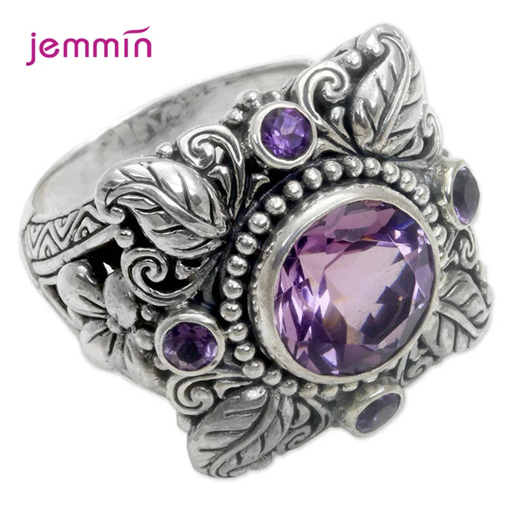 Punk-Stil, Vintage, 100 % Blume, 925er Sterlingsilber, rund, natürlicher Amethyst, Hochzeit, Verlobungsringe für Frauen, edler Schmuck