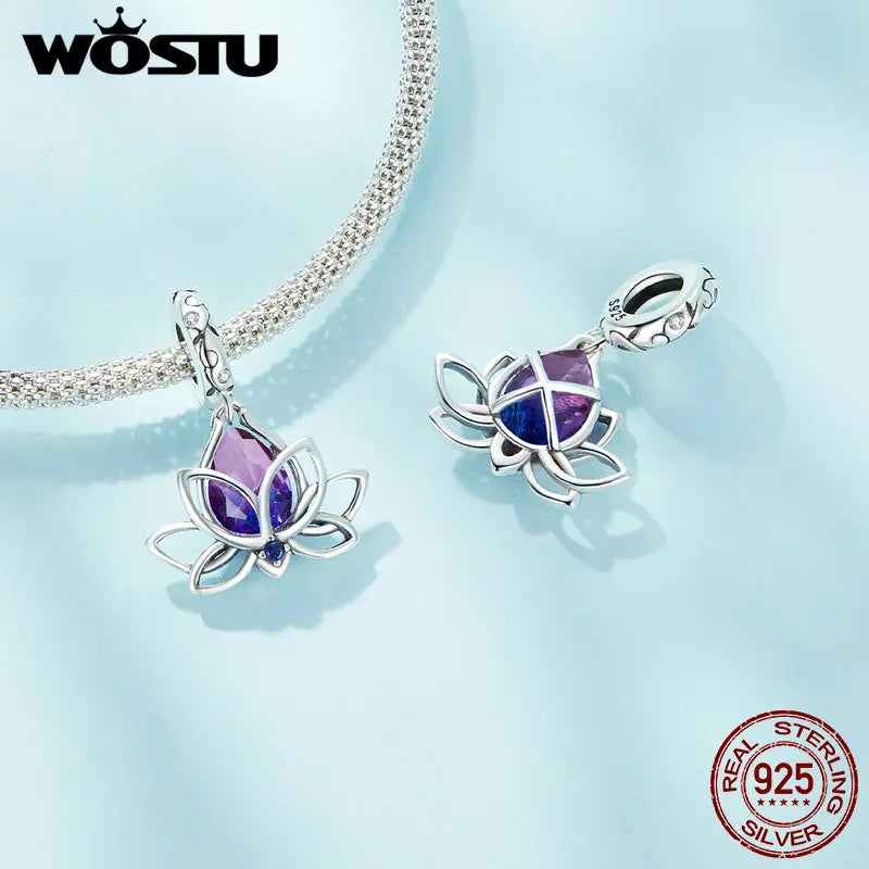 WOSTU Anhänger aus 925er-Sterlingsilber, Liebesherz-Charm, Dackel-Hund, lila Kristall, Lotus-Perlen, passend für Armband, DIY-Halskette, Mädchen-Geschenk