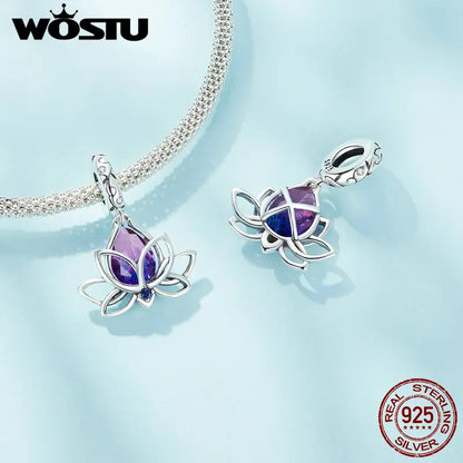 WOSTU Anhänger aus 925er-Sterlingsilber, Liebesherz-Charm, Dackel-Hund, lila Kristall, Lotus-Perlen, passend für Armband, DIY-Halskette, Mädchen-Geschenk