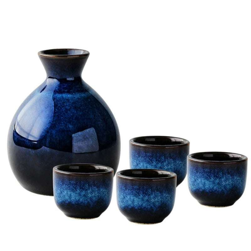 Japanisches Sake-Set aus Keramik, blauer Weinbecher, Topf, Geschirr, Retro-Heim-Shochu-Topf, 1 Topf, 4-Tassen-Set, Geschirr, Barzubehör
