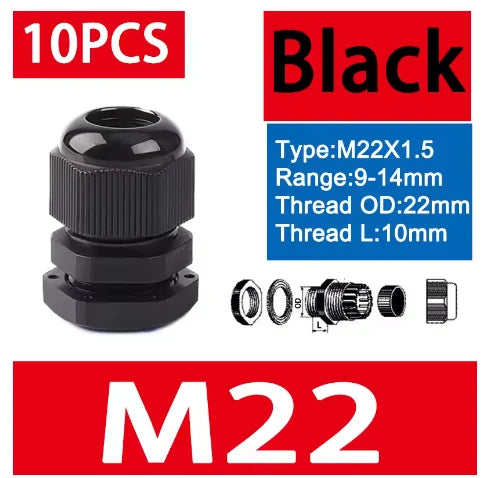 10 Stück wasserdichte Kabelverschraubungen M8-M40, schwarze Kunststoff-Dichtungsverbindungen, IP68, Nylon-Stecker, Gummi-Kabelverschraubung für verschiedene Größen