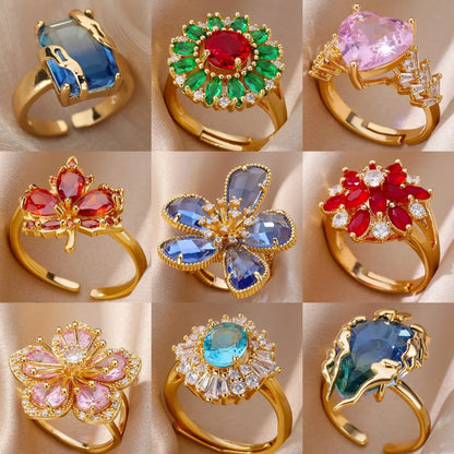 Luxus Edelstahl Ringe Vergoldet Bunte Stein Zirkon Kristall Herz Ring Für Frauen Hochzeit Boho Schmuck Weihnachtsgeschenk