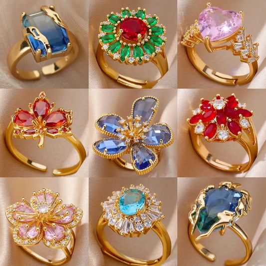 Luxus Edelstahl Ringe Vergoldet Bunte Stein Zirkon Kristall Herz Ring Für Frauen Hochzeit Boho Schmuck Weihnachtsgeschenk