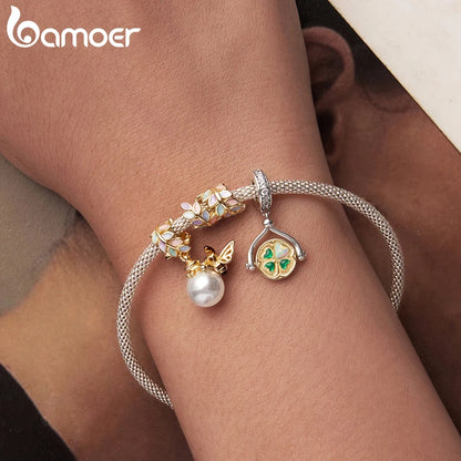 Bamoer 925 Sterling Silber Herbst Gold Blätter Charms Glück Vierblättriges Kleeblatt Spinning Anhänger für Frauen Armband DIY Schmuck Geschenk