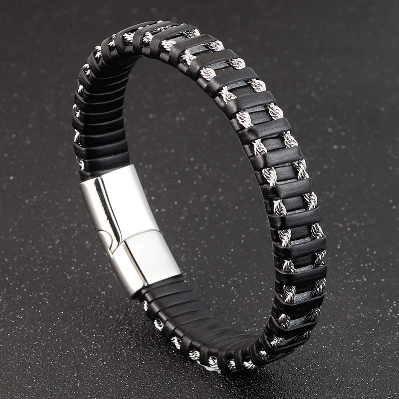 Geflochtenes Seil gewebtes schwarzes Leder Herrenarmbänder Punk-Stil Edelstahl-Armreif für Freund Charm Modeschmuck Geschenke