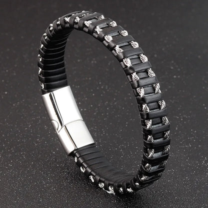 Geflochtenes Seil gewebtes schwarzes Leder Herrenarmbänder Punk-Stil Edelstahl-Armreif für Freund Charm Modeschmuck Geschenke
