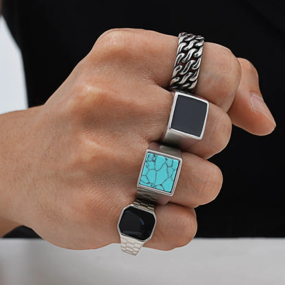 Coole Punk-Vintage-Natursteinringe für Männer, geometrische Siegelringe aus Edelstahl, stilvoller Retro-Ethno-Fingerschmuck als Geschenk