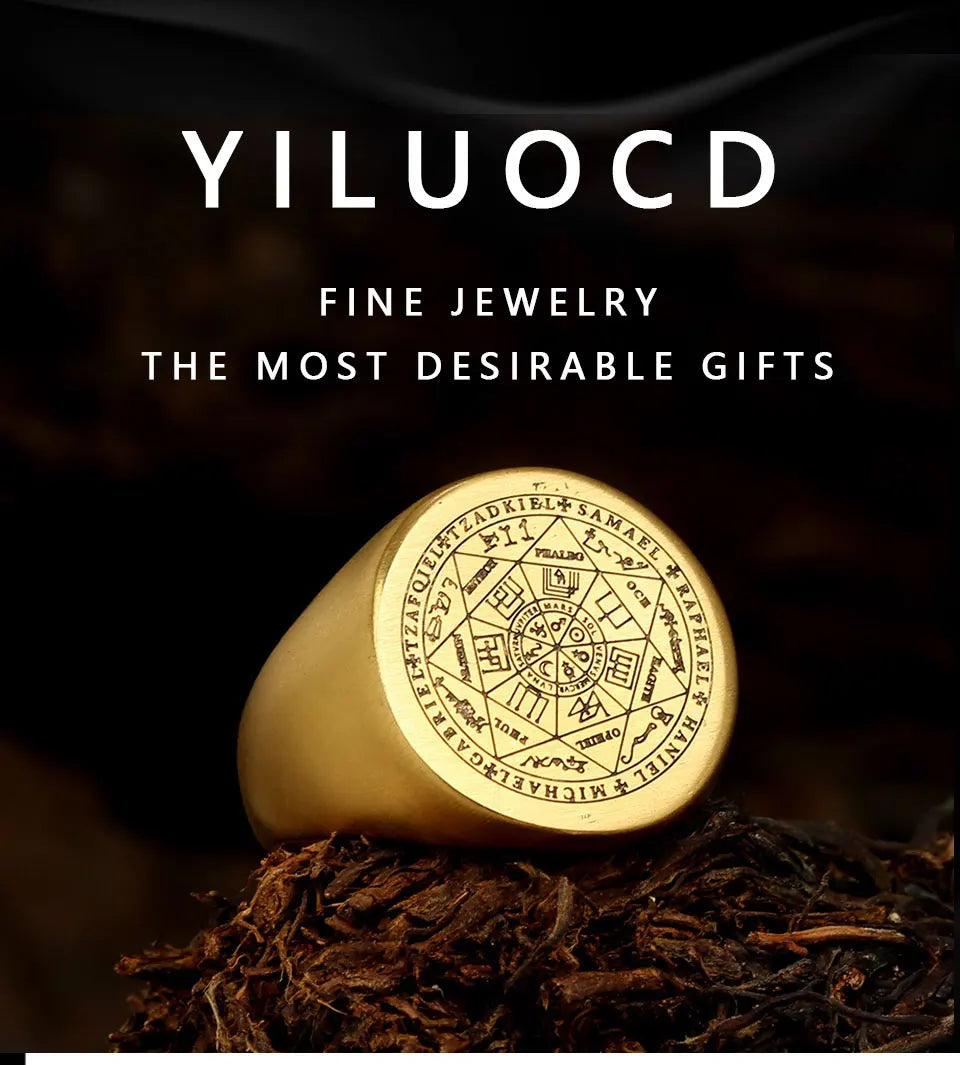 YILUOCD Siegel der sieben Erzengel-Ringe für Männer Der Schlüssel des Salomon-Rings Kabbalah Talisman Amulett Edelstahl Herrenschmuck