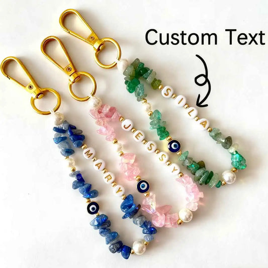 1 STÜCK personalisierter individueller Edelstein-Schlüsselanhänger, Teufelsauge, Namensschild, Kristallstein/Lapislazuli-Rohstein-Anhänger