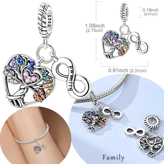 Original 925 Sterling Silber Perlen-Charm mit Buntem Zirkon, Unendlichkeits-Anhänger im Familienstammbaum-Design, Passend für Original-Armbänder, DIY-Geschenk für Frauen