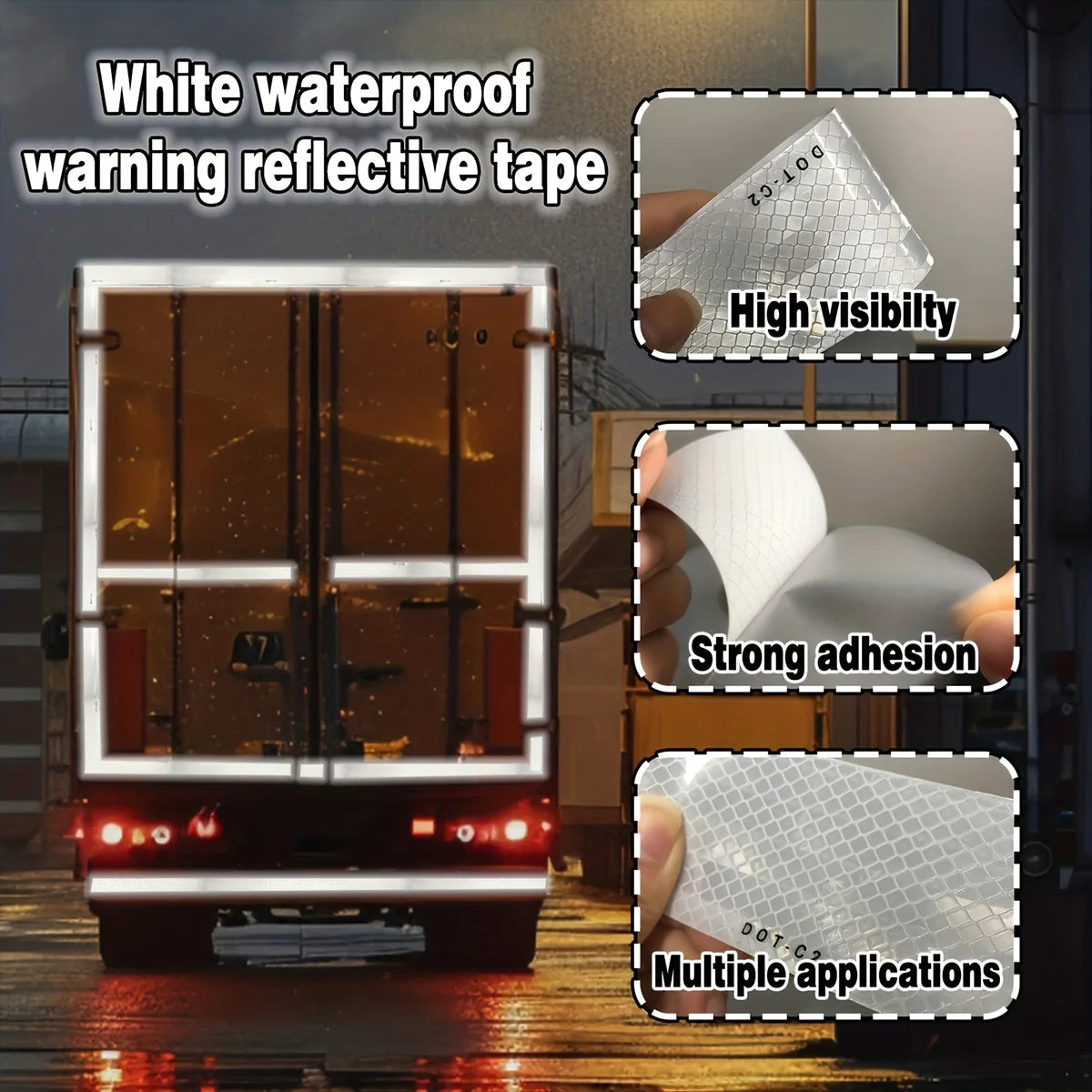 Weißes reflektierendes Klebeband DOT-C2, Sicherheitswarnung, klebriger Straßenaufkleber, wasserdichter reflektierender Streifen für LKW, Van