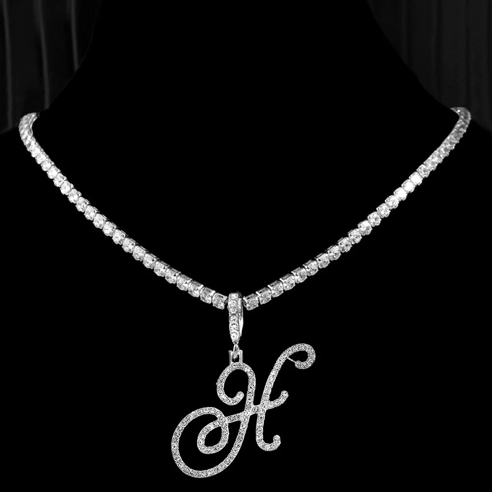 Neue Kursive Buchstaben Kubische Zirkonia Kette Initialen Namenskette Hip-Hop Schmuck Gold Silber Farbe CZ 26 Alphabet Anhänger Halsketten