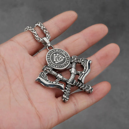 HNSP 316L Stainless Steel Double Axe Viking Pendant Chain Necklace For Men Vintage Jewelry Punk Accessories