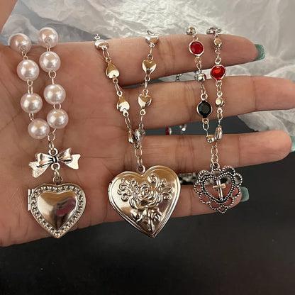 Y2K Weiße Imitation Perle Halskette Große Liebe Herz Mit Blumenmuster Anhänger Halsband Frauen Halskette Schmuck Mädchen