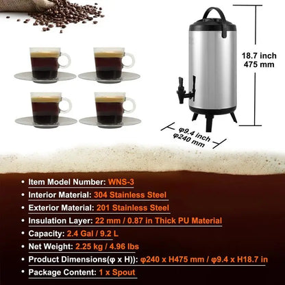 Heiß- und Kaltgetränkespender, Edelstahl-Heiß- und Kaltwasserbrunnen, großer Servierspender mit Zapfhahn. Tragbarer Isolierkrug für Kaffee, Wasser, Saft für Cafés, Bars