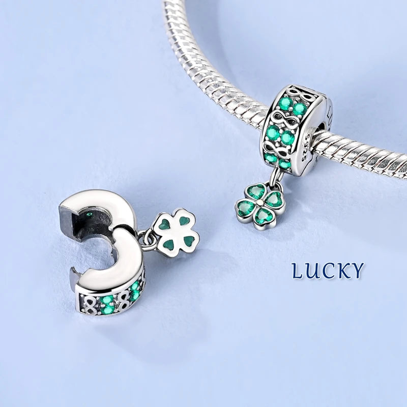 925er Sterlingsilber, grüne Charms, Perlen, vierblättriges Kleeblatt, baumelnd, für Frauen und Mädchen, Original-Armband, DIY-Schmuck, Geschenke
