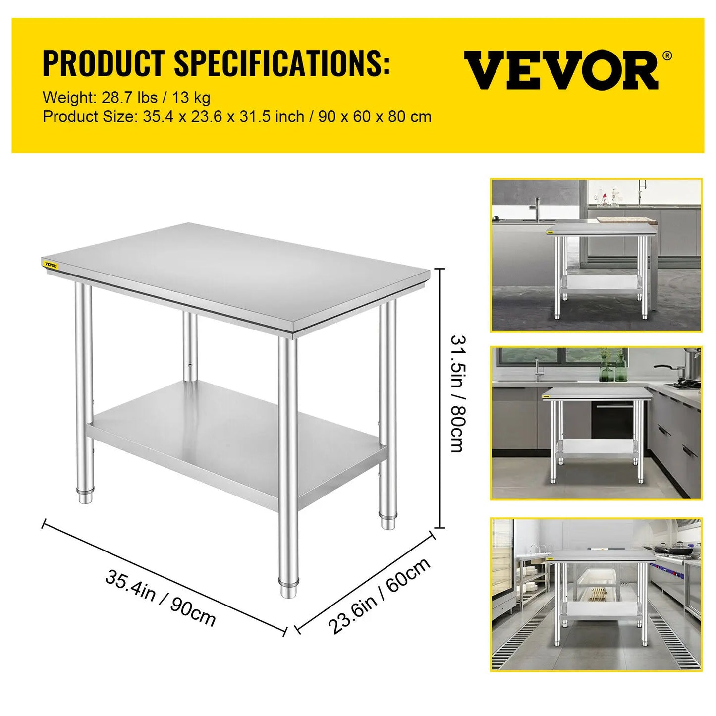 VEVOR Edelstahl Arbeitstisch 60 cm x 60 cm Essenszubereitung mit Aufkantung für die Zubereitung von Mahlzeiten, Nähen, Waschen, Basteln, Garagennutzung usw.