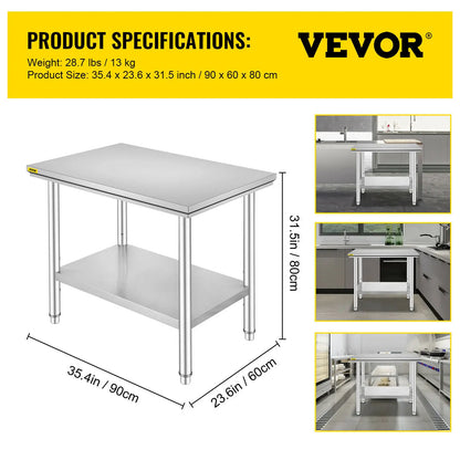 VEVOR Edelstahl Arbeitstisch 60 cm x 60 cm Essenszubereitung mit Aufkantung für die Zubereitung von Mahlzeiten, Nähen, Waschen, Basteln, Garagennutzung usw.