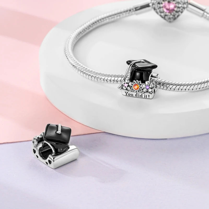 Graduation Series Original Charms Perlen Anhänger 925 Sterling Silber Blumen Kappe Herz Charms für Armband DIY Party Schmuck Geschenk