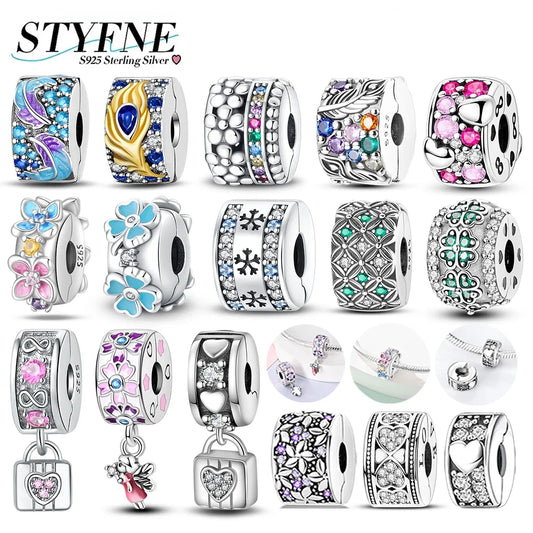 925er Silber eingelegte Zirkoniumblumen, vierblättriges Kleeblatt, Federn, Liebesbox-Clip, Charms, Abstandsperlen, passend für Armbänder, DIY-Schmuckmarkierung