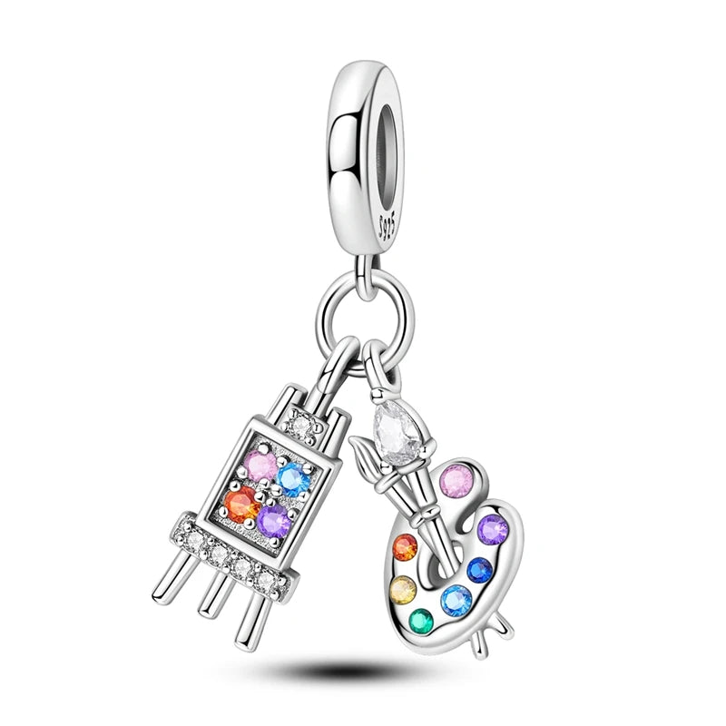 Malerei Kunst 925 Sterling Silber Verträumter Sternenhimmel Künstler Zeichenbrett Pinsel Schnur Fit DIY Armband Halskette Galerie Geschenke