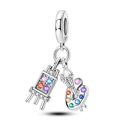 Malerei Kunst 925 Sterling Silber Verträumter Sternenhimmel Künstler Zeichenbrett Pinsel Schnur Fit DIY Armband Halskette Galerie Geschenke