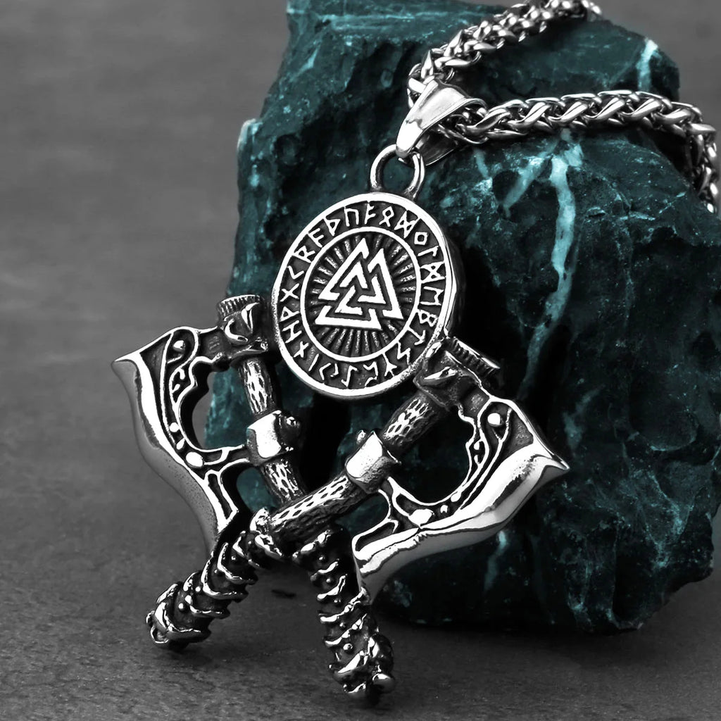 HNSP 316L Edelstahl Doppel Axt Viking Anhänger Kette Halskette Für Männer Vintage-Schmuck Punk Zubehör
