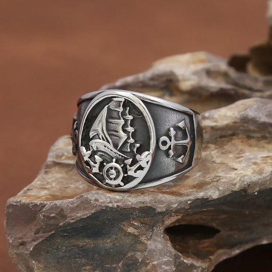 Mode Vintage Nordic Segelboot Piraten Ring Männlichen 316L Edelstahl Viking Kompass Ringe Biker Amulett Schmuck Geschenk Großhandel