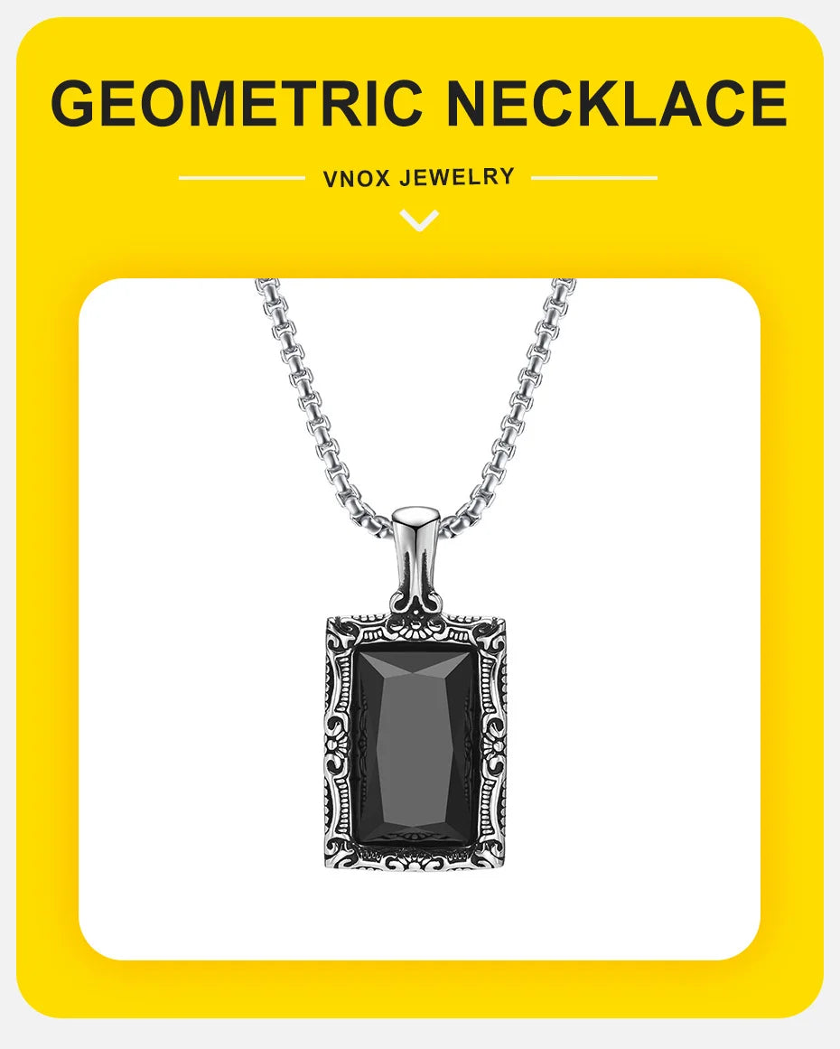 Vnox Black Square Stein Halsketten für Männer, Retro Silber Farbe Edelstahl geometrischen Anhänger Kragen mit Box Kette