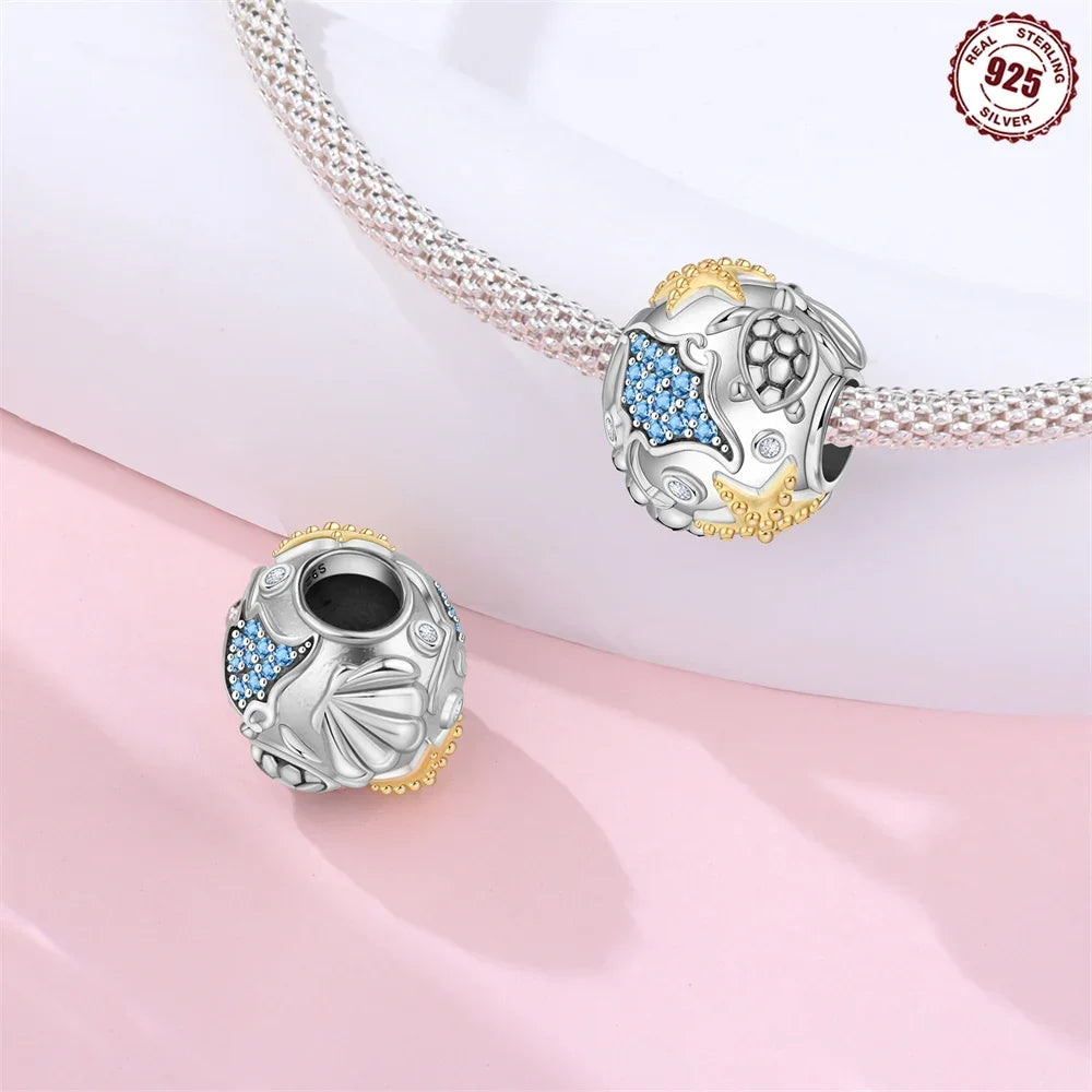 Charm-Anhänger aus 925er Silber, Ozean-Serie, Meerjungfrau, Schildkröte, Delfin, Ruder, Perlen, Anhänger, passend für Armbänder, Zubehör, Perlenschmuck, schönes Geschenk