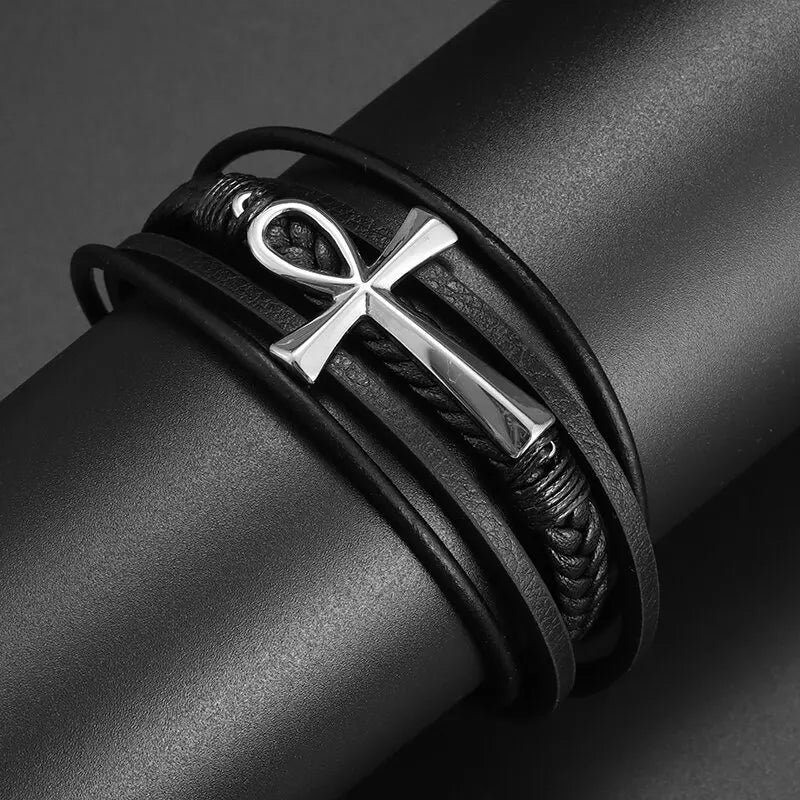Vintage handgewebtes umweltfreundliches Leder-Kreuzarmband mit Magnetverschluss, modischer Anhänger für Herren, religiöser Amulett-Schmuck