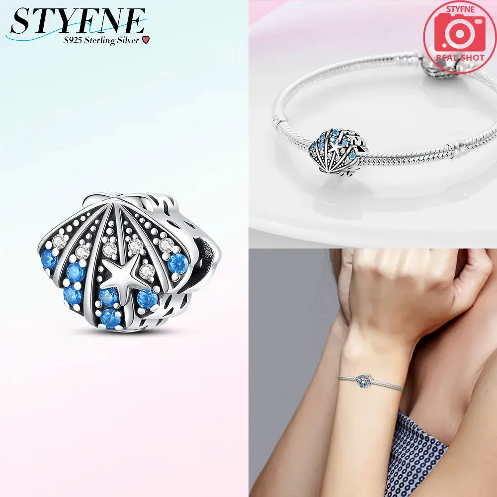 Charms aus 925er-Sterlingsilber, Perlen-Anhänger, Muschel, Delfin, Hippocampus, blauer Charm für Damen, Armband, Schmuck, Geschenk