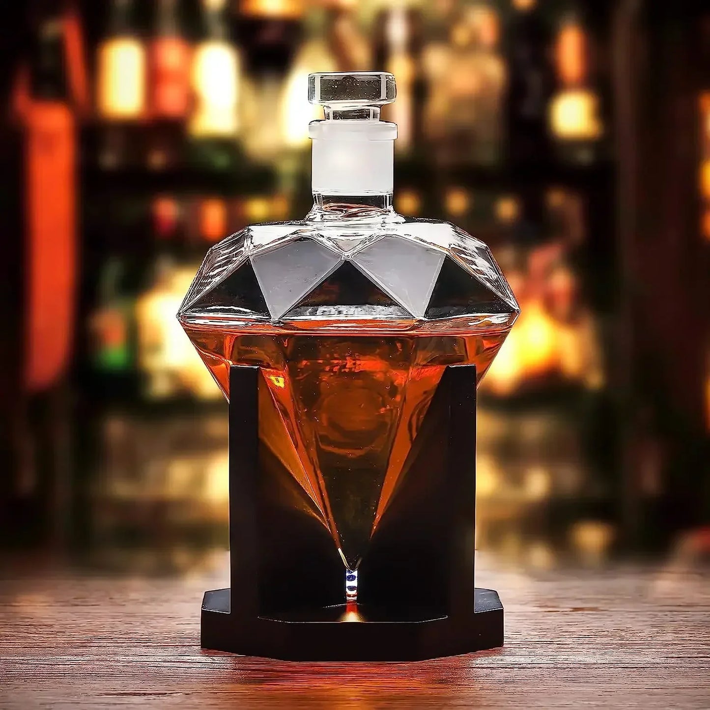 1000 ml Whisky-Dekanter aus Glas, Diamant-Weinflasche mit Holzhalter, luftdichter Stopfen, geeignet für alle Arten von Alkohol, Geschenk
