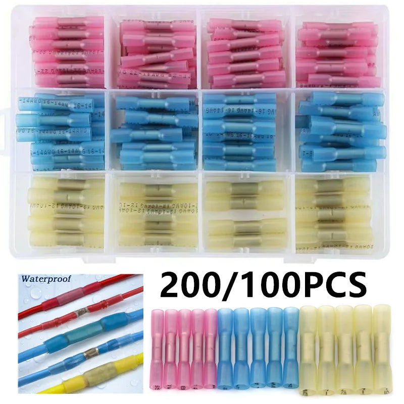 200/100 Stück Wärmeschrumpf-Steckverbinder – Wasserdichte elektrische Kabelverbinder – Isolierte Crimpverbinder für Stoßverbinder