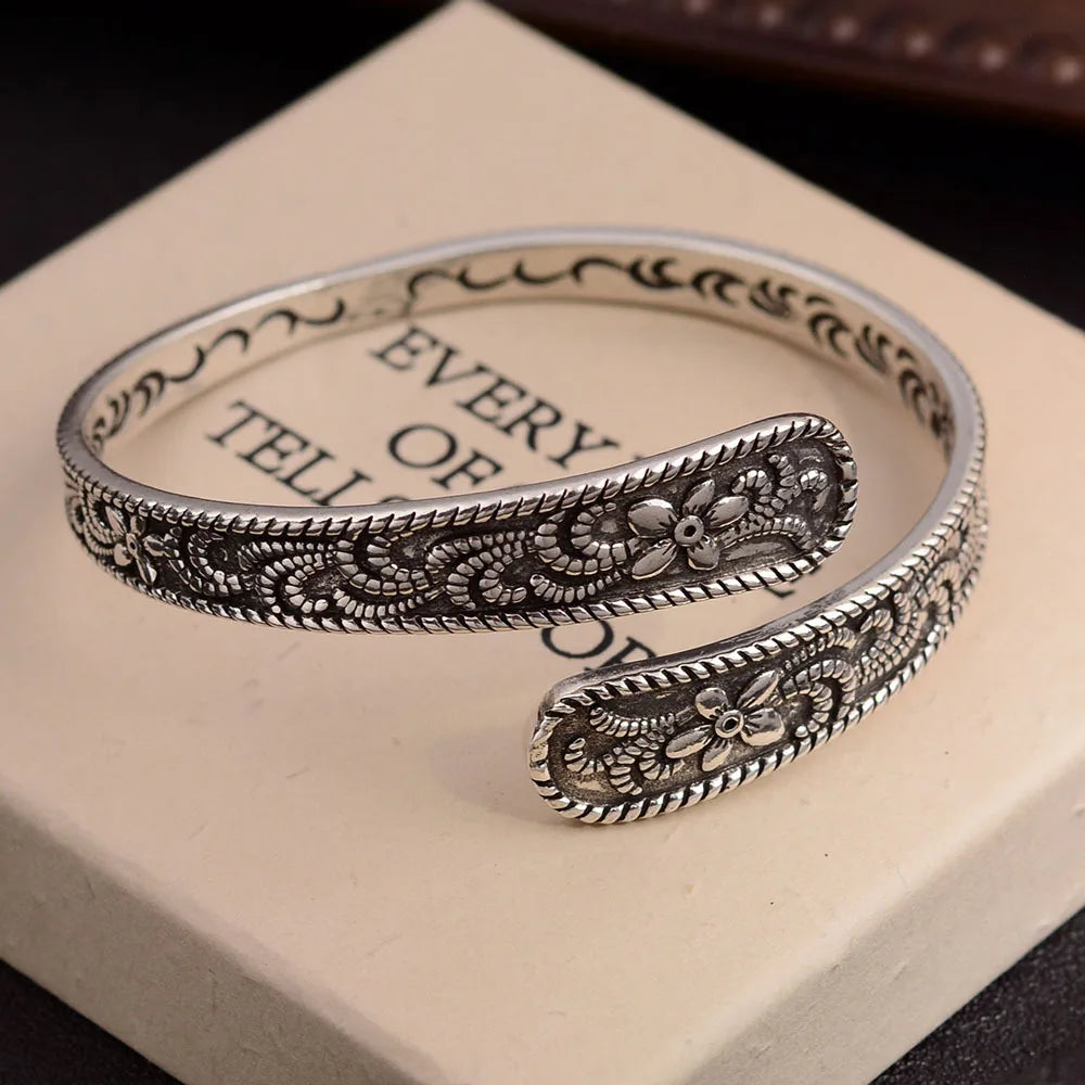 Neue Ankunft Vintage Carving Blume Thai Silber Damen Armreif Promotion Schmuck Für Weihnachtsgeschenke Nie Verblassen