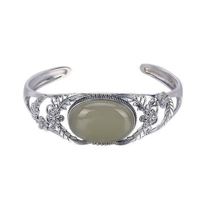 Vintage Silber eingelegte natürliche Hetian Jade Blume Hohl Armreifen für Frauen eleganten Ethno-Stil Hochzeit Verlobung Schmuck