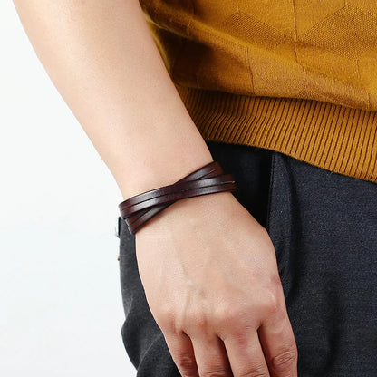 MKENDN Punk Vintage Doppel Strang Schwarz Braun Echtes Echtes Kuh Leder Charme Unisex Schnalle Armband Für Männer Frauen Schmuck Geschenke
