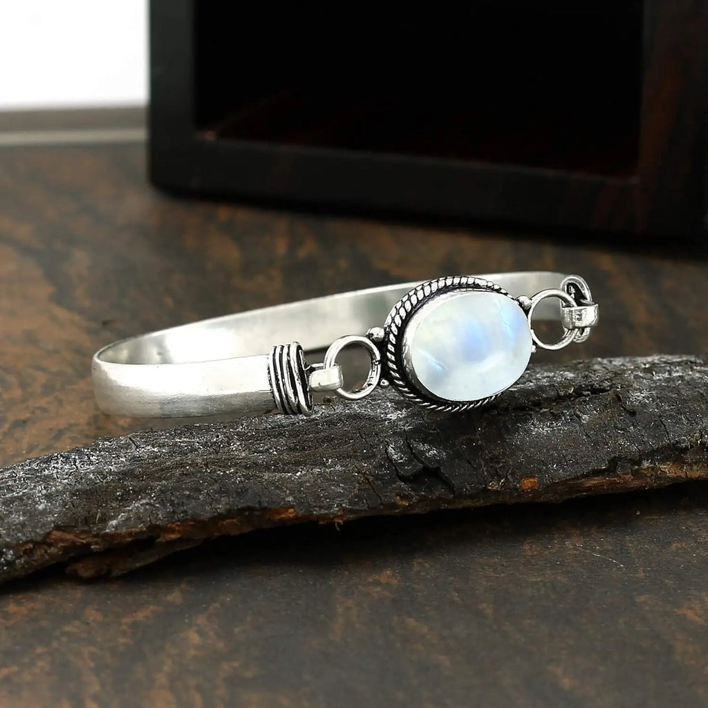 Vintage-Armreif aus 925er Silber, natürlicher ovaler Mondstein, handgefertigter Armreif mit Geburtsstein, Geschenke, edler Schmuck für Damen und Herren