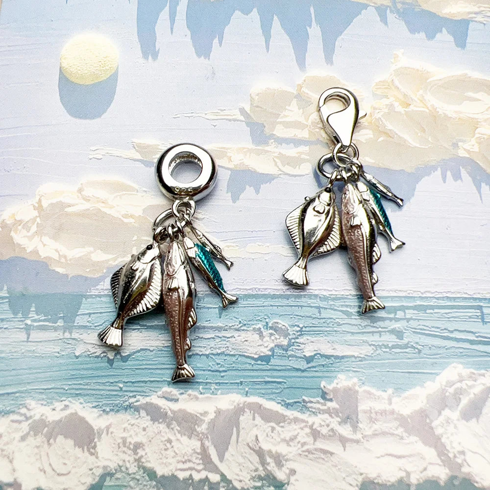 Charm-Anhänger mit Fischen, Frühling, für Herren und Damen, trendig, 925er Sterlingsilber, Schmuck, Accessoires, Glücksgeschenk