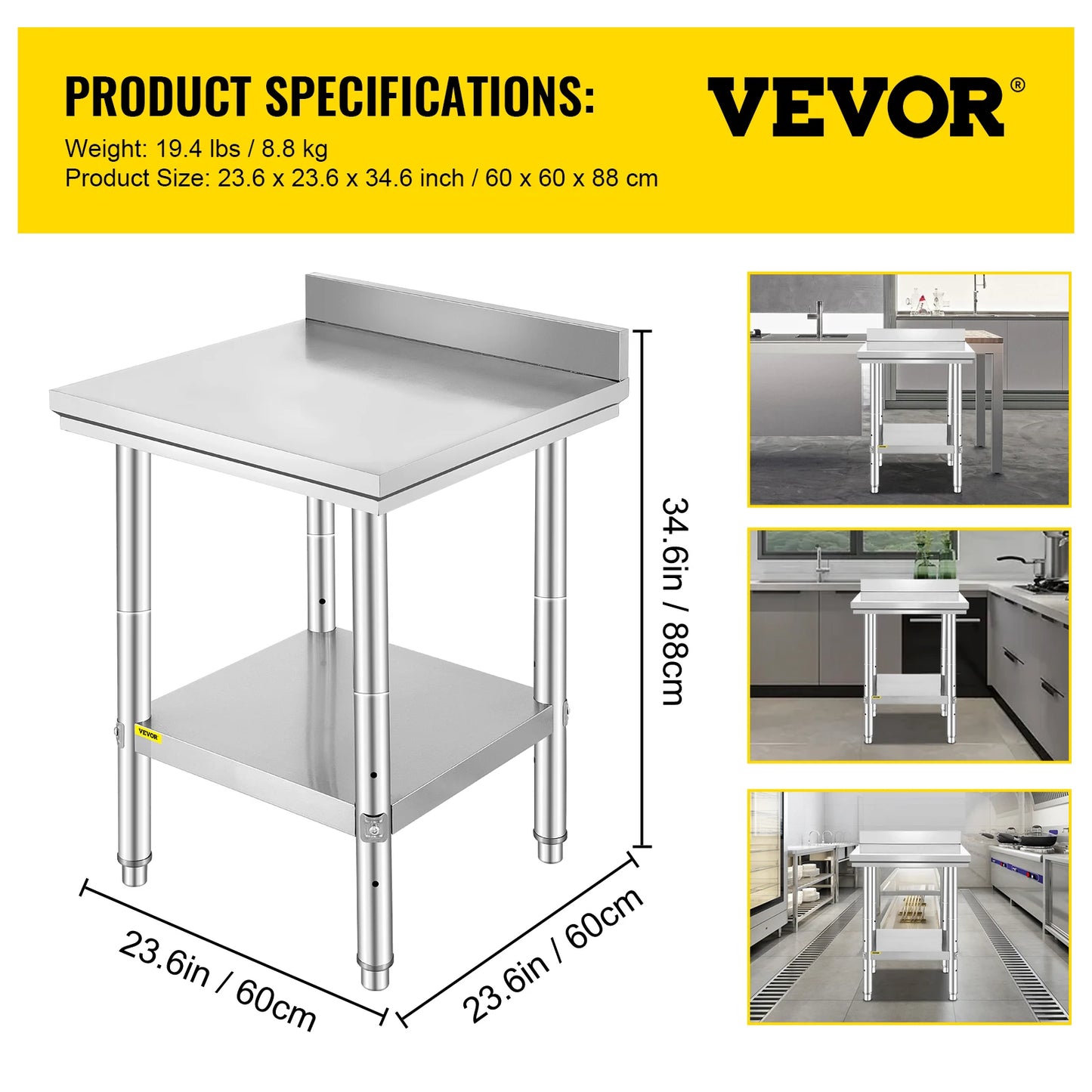VEVOR Edelstahl Arbeitstisch 900 x 600 x 800 mm Edelstahltisch Essenszubereitung mit Verstellbare Füße für die Zubereitung von Mahlzeiten, Nähen, Waschen, Basteln, Garagennutzung usw.