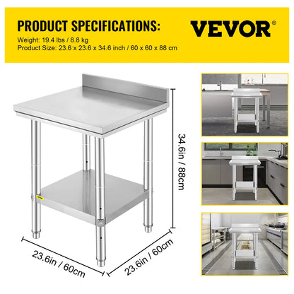 VEVOR Edelstahl Arbeitstisch 900 x 600 x 800 mm Edelstahltisch Essenszubereitung mit Verstellbare Füße für die Zubereitung von Mahlzeiten, Nähen, Waschen, Basteln, Garagennutzung usw.