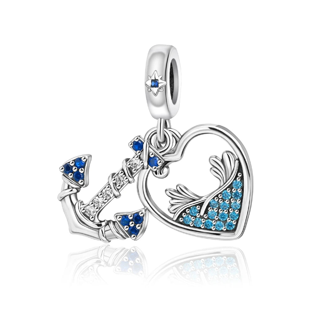 Blaue Serie 925 Sterling Silber Eidechsen-Herz Roboter Kaffee Mit Blumen Charms Passend für DIY Armband Halskette Casual Party Geschenke