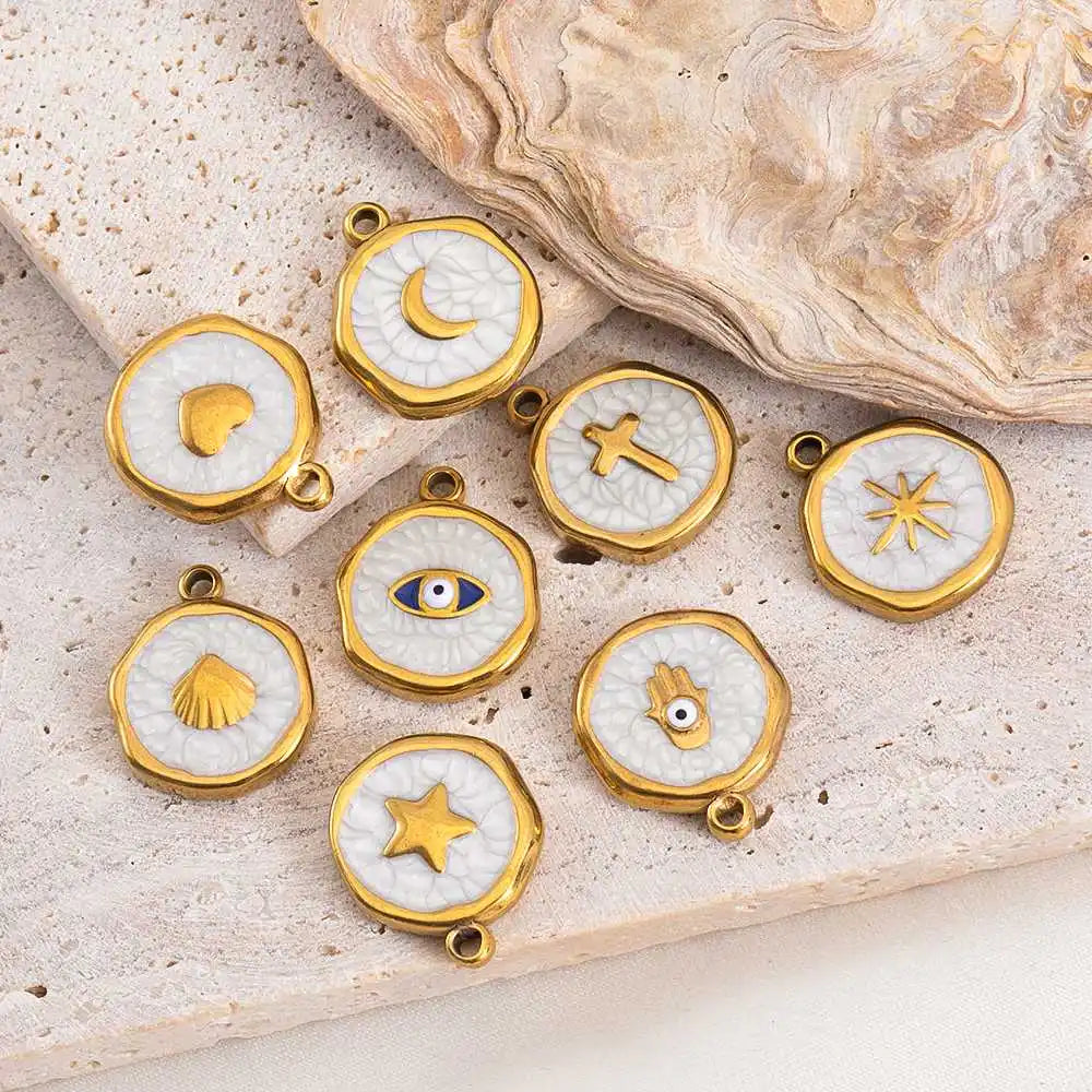 8 Stück Edelstahl Lila Rosa Emaille Herz Auge Sonne Mond Runde Anhänger für DIY Armband Ohrring Halskette Schmuckzubehör